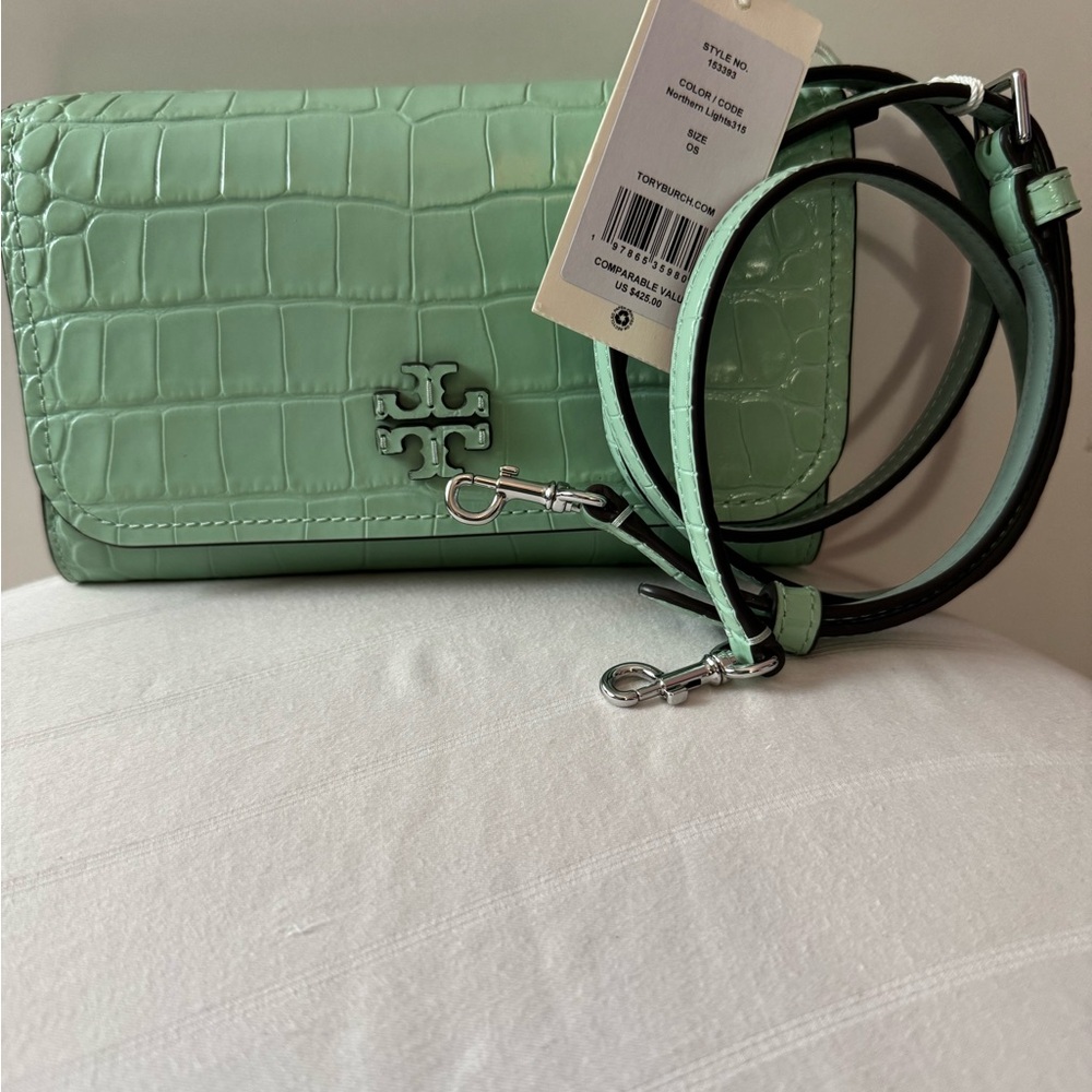 Tory Burch Light Green Croc-Embossed Crossbody Bag